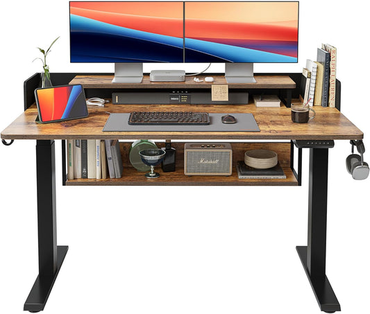 55" Electric Standing Desk with Shelves, 55 X 24 Inch Sit Stand Rising Desk with Monitor Stand and Storage, Ergonomic Home Office Computer Desk, Rustic
