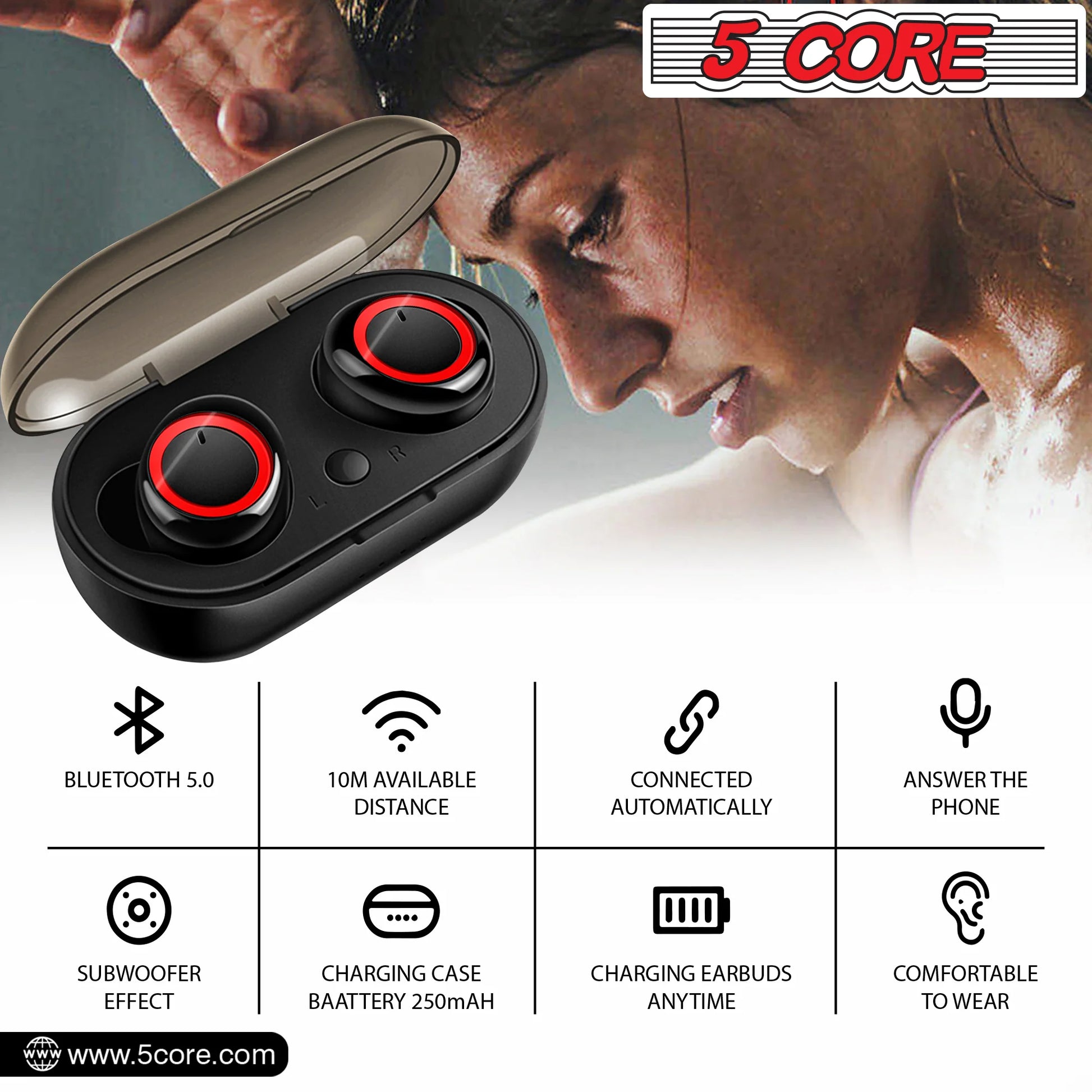 5Core Wireless Ear Buds Mini Bluetooth Noise Cancelling Earbud Headphones 32 Hours Playtime IPX8