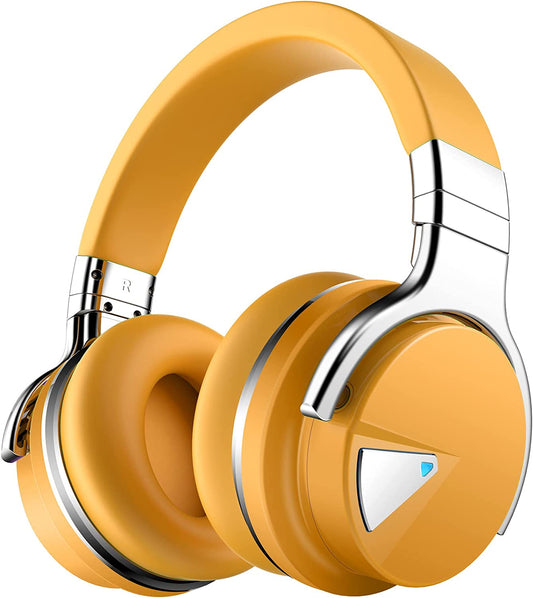 E7 Active Noise Cancelling, Bluetooth Headphones with Microphone Deep Bass Wireless, over Ear, Comfortable Protein Earpads, 30 Hours Playtime for Travel/Work, Yellow